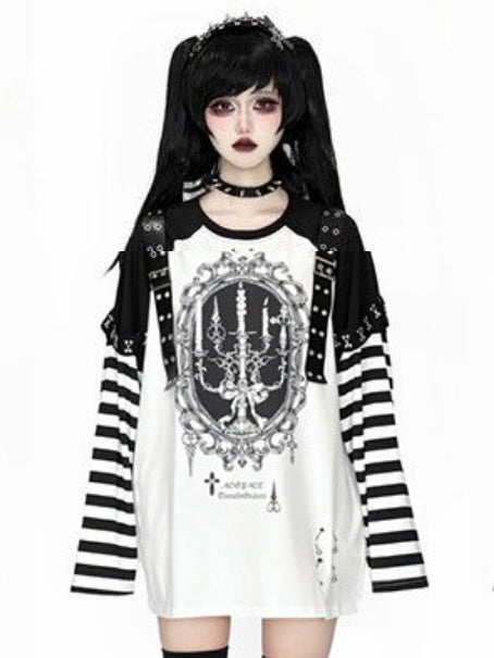 Printed Top Kei Black Striped Candle Straps Long-Sleeve Punk Decorated White Leather Jirai