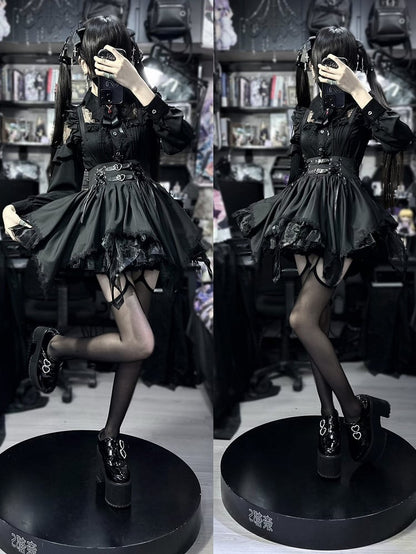 自来也景 ブラックバットウィング型襟レースパッチ地雷風シャツ