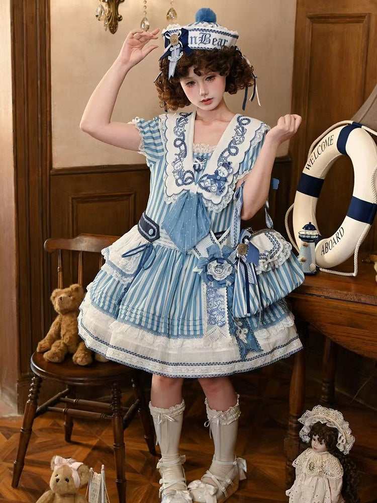 Light Blue Striped Low Waist Sailor Dress with Embroidery - Twin Bear Original Design