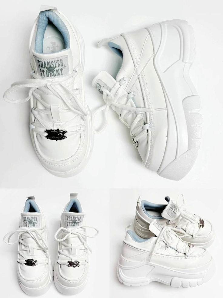 Leather Kei Sneakers in Classic Matte White Platform Lacing with PU System Jirai