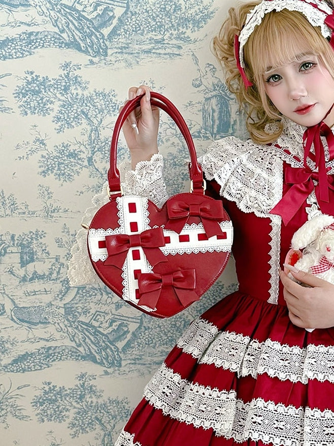 Lolita-Stil Kreuz Linear Details Bowknot mit und Hand Design Abstrakte Rote Tasche Herzförmig