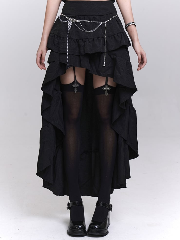 ブラックのカスケーディングフラウンストリムハイロースカート