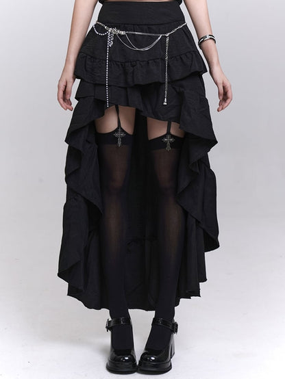 ブラックのカスケーディングフラウンストリムハイロースカート