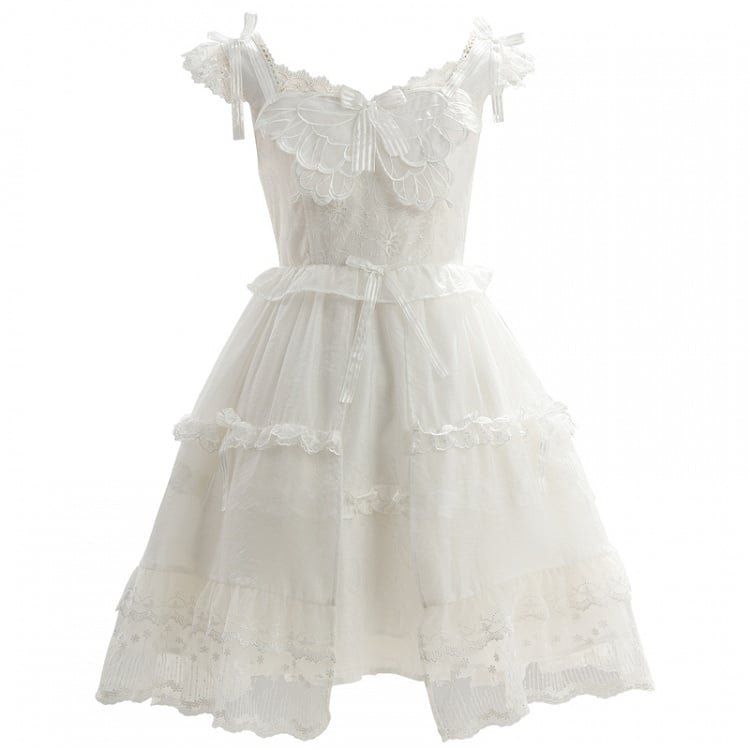Lace Ruffled Trim Lolita JSK White Flutter Sleeves Butterfly Accent