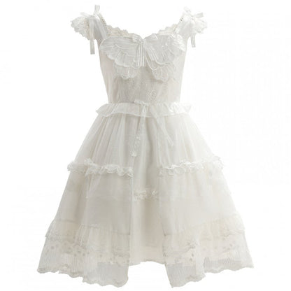Lace Ruffled Trim Lolita JSK White Flutter Sleeves Butterfly Accent
