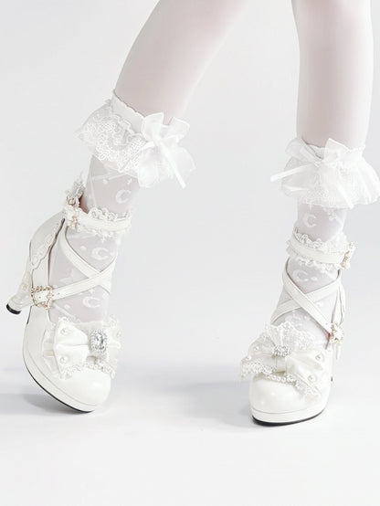 Shoes Off-white Bead - Princess Style Accent High-heel Bow Rhinestone