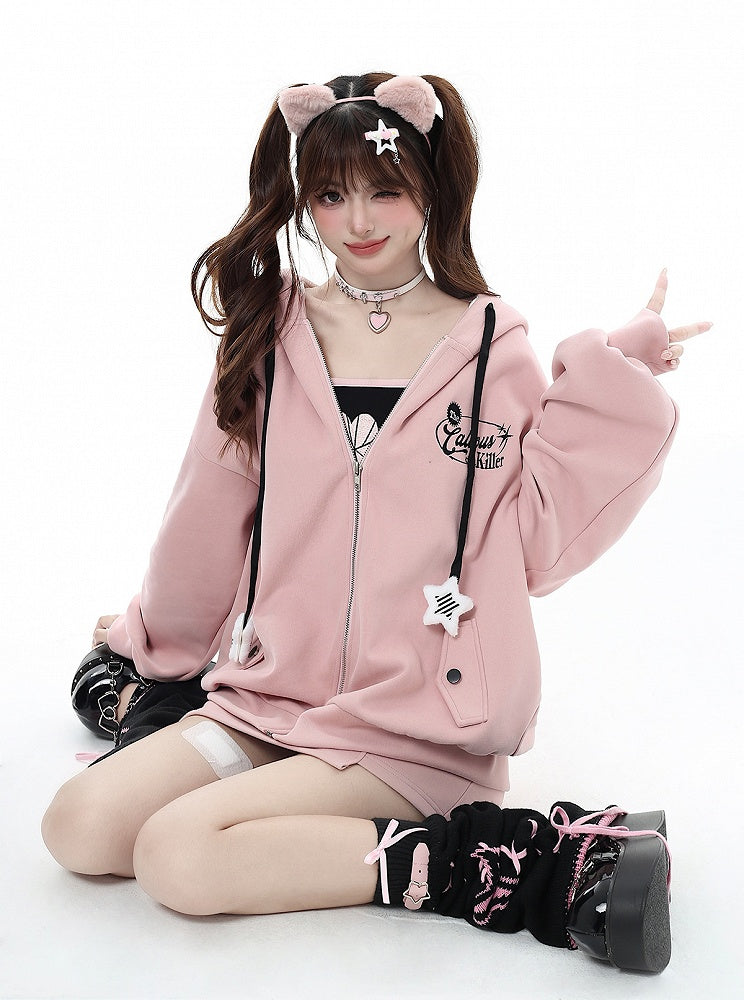 Charm Fleece-lined Pink Star Jacket Chest Embroidered with Design Hooded Drawstrings