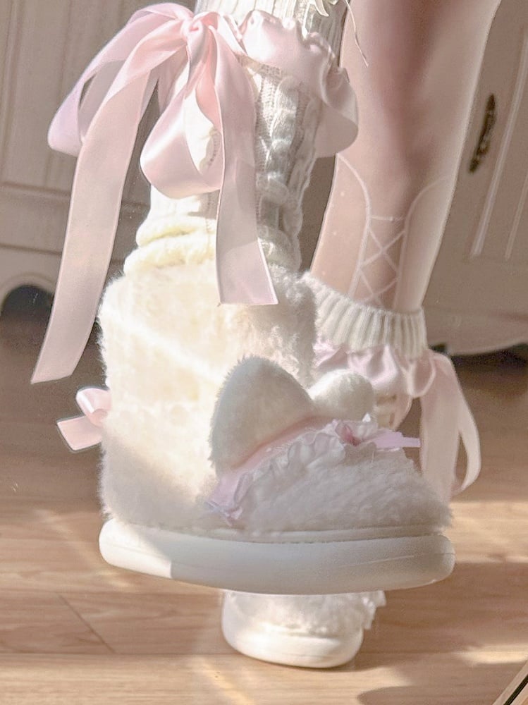with Bow Shoes Plush Accents Sweet Off-white Lolita