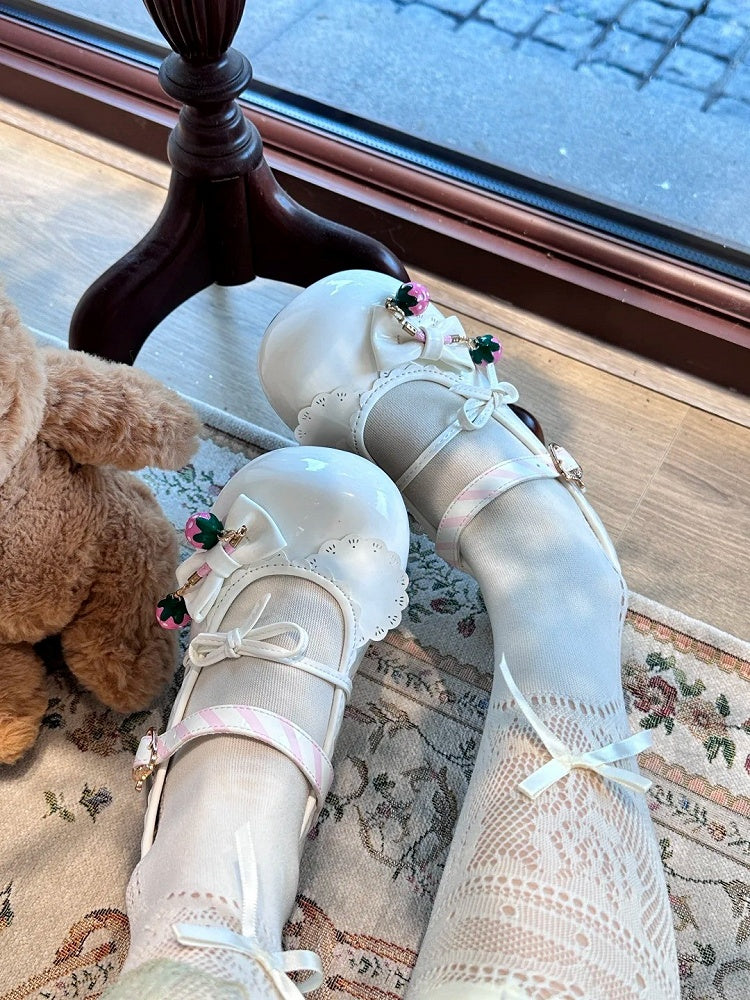 with Jane Shoes Strawberry Bow Sweet Mary Heel 2.5cm Themed White Details Lolita