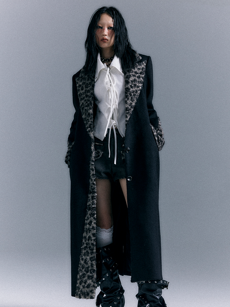 Black Wool Coat with Vintage Leopard Accents