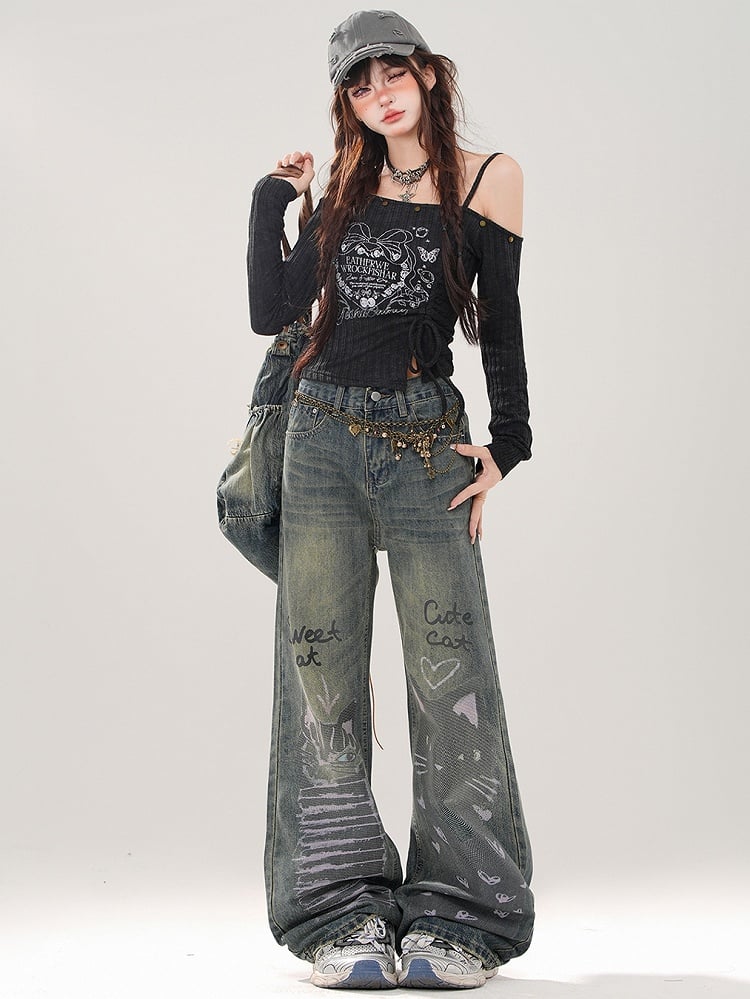 ブラック/グレー ドローストリングウエスト アシンメトリーネックライン グラフィックトップ