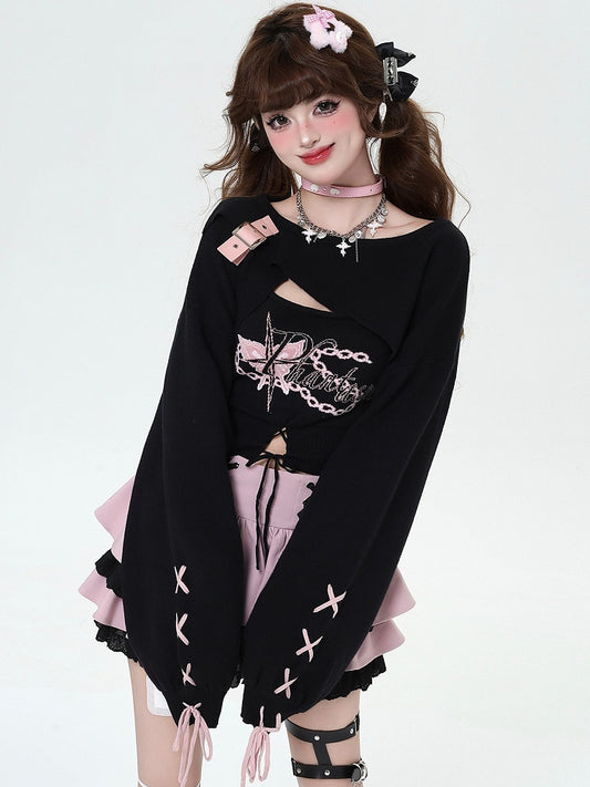 Shrug Knit Criss-cross Spicy Lace-Up Black Sweet Tank Set: Cropped Top