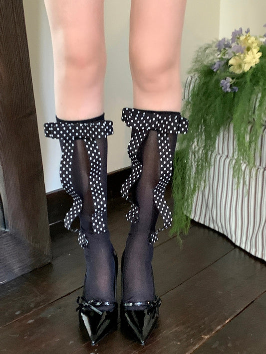 Under-knee Polka-dot Stockings White/Black Pattern Bowknot Design