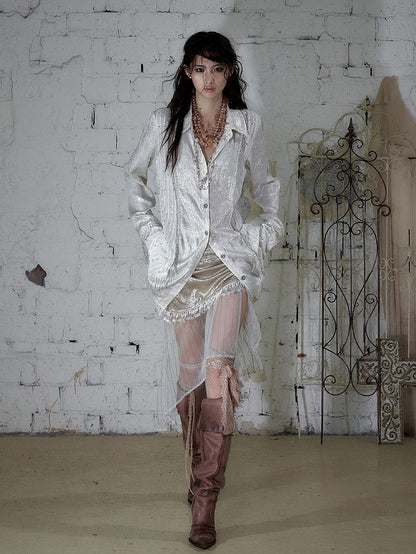 Beige Satin Lace-Trimmed Punk Shirt with Chain Accents