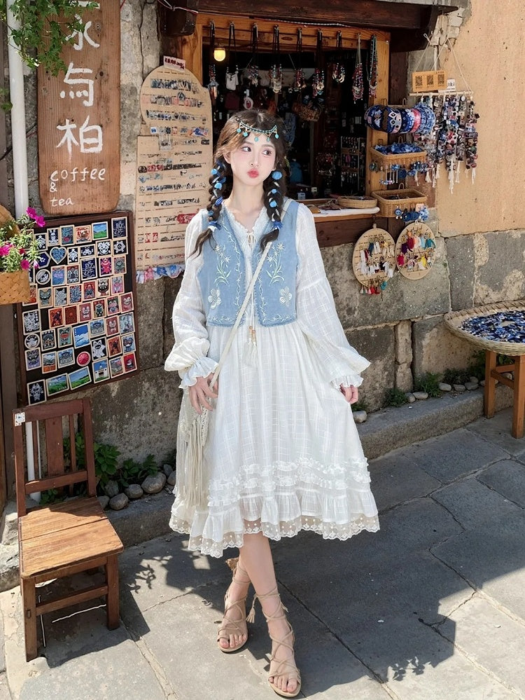 Version White V-Neck Lace Trim Dress with Tassel Drawstring Design Regular/Long