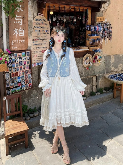 Version White V-Neck Lace Trim Dress with Tassel Drawstring Design Regular/Long