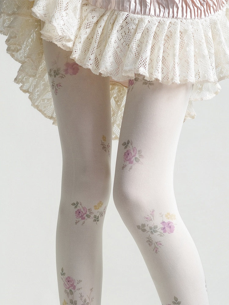 Floral-Printed Vintage Milk White Pantyhose Tights - Night Experiment