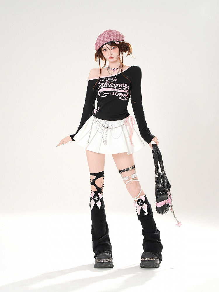 ブラック/ホワイト アシンメトリーネックライン ドローストリングウエスト グラフィックトップ