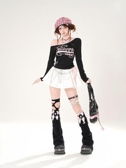 ブラック/ホワイト アシンメトリーネックライン ドローストリングウエスト グラフィックトップ