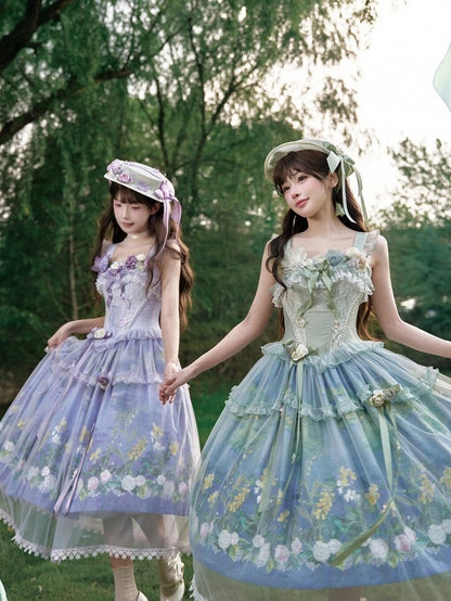 Purple Oil Painting Print Lolita Jumper Skirt Dress with Bustier-Style Boned Bodice - Haw Berry