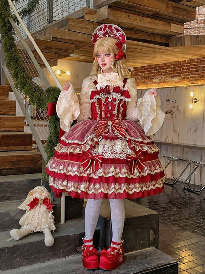 Dress Neckline Flower Princess Red Bead Chain Bow Gorgeous Lolita