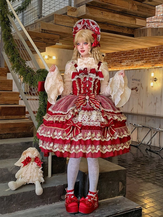 Dress Neckline Flower Princess Red Bead Chain Bow Gorgeous Lolita