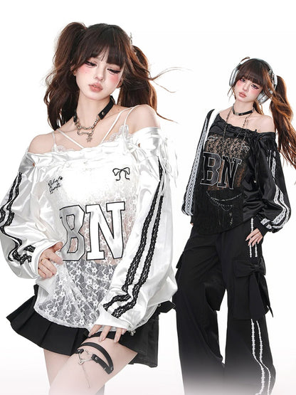 Schwarz/weißes, schulterfreies Oberteil mit kontrastierenden Spitzenpatches