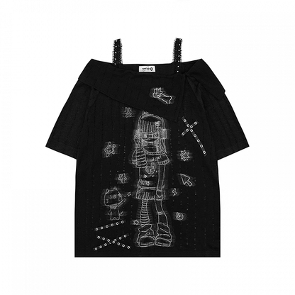 アプリコット/ブラック オフショルダー クロスストラップ カートゥーンガールプリント カバーアップ