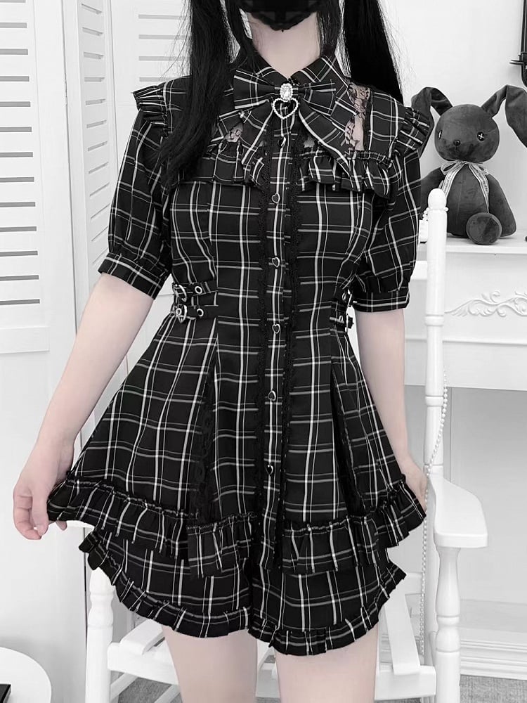 Black Shorts Plaid/Striped Kei Buckles Set: Jirai Neckline Illusion with Matching Waist-Defining Dress