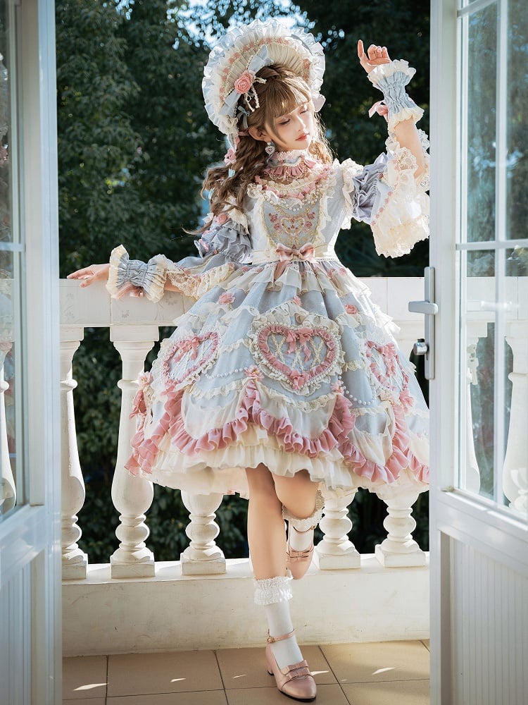 Wunderschönes Hanayome Lolita-Kleid mit Rosettenstickerei und Perlenkettendetails, Hellgrau