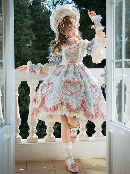 Wunderschönes Hanayome Lolita-Kleid mit Rosettenstickerei und Perlenkettendetails, Hellgrau