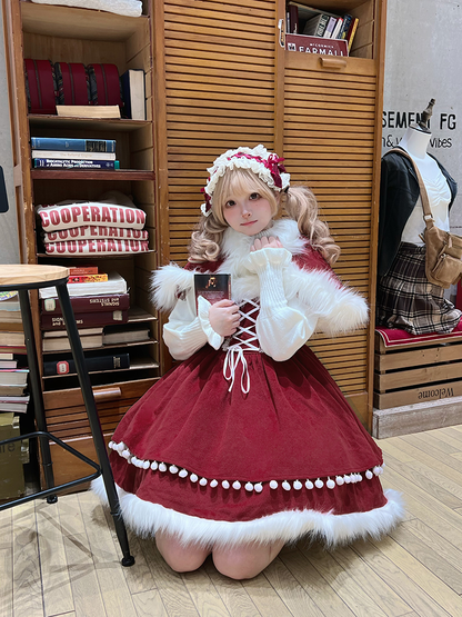 Accents Jumper Skirt with Lolita Self-tie Bow Wine Shoulder Sweet Detachable Straps Christmas Red