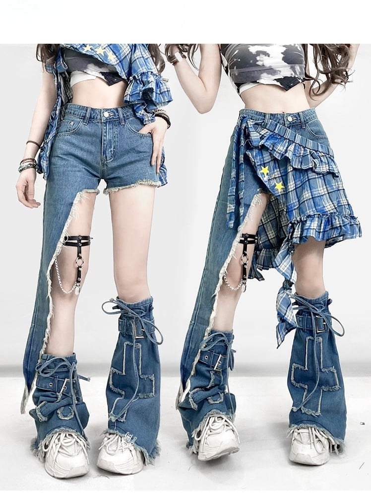 Stulpen + Shorts mit blauem Aufdruck am Saum, glamouröses Muster, bittersüßes asymmetrisches Stern-Set – karierter Applikationsrock, Beinkreuz