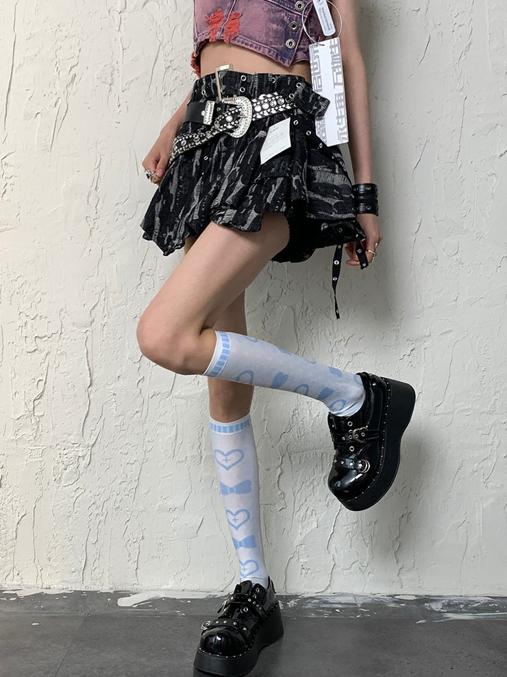 Y2K Underknee Bowknot Heart And Print Blue Stockings