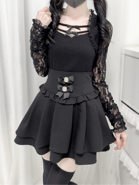 Jirai Kei Top mit Schleifen und Spitzenärmeln in Schwarz/Weiß