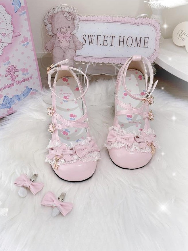PU Sweet Star Mary Lace Decor Trim Janes Accents Leather Bow Pink with - Lolita