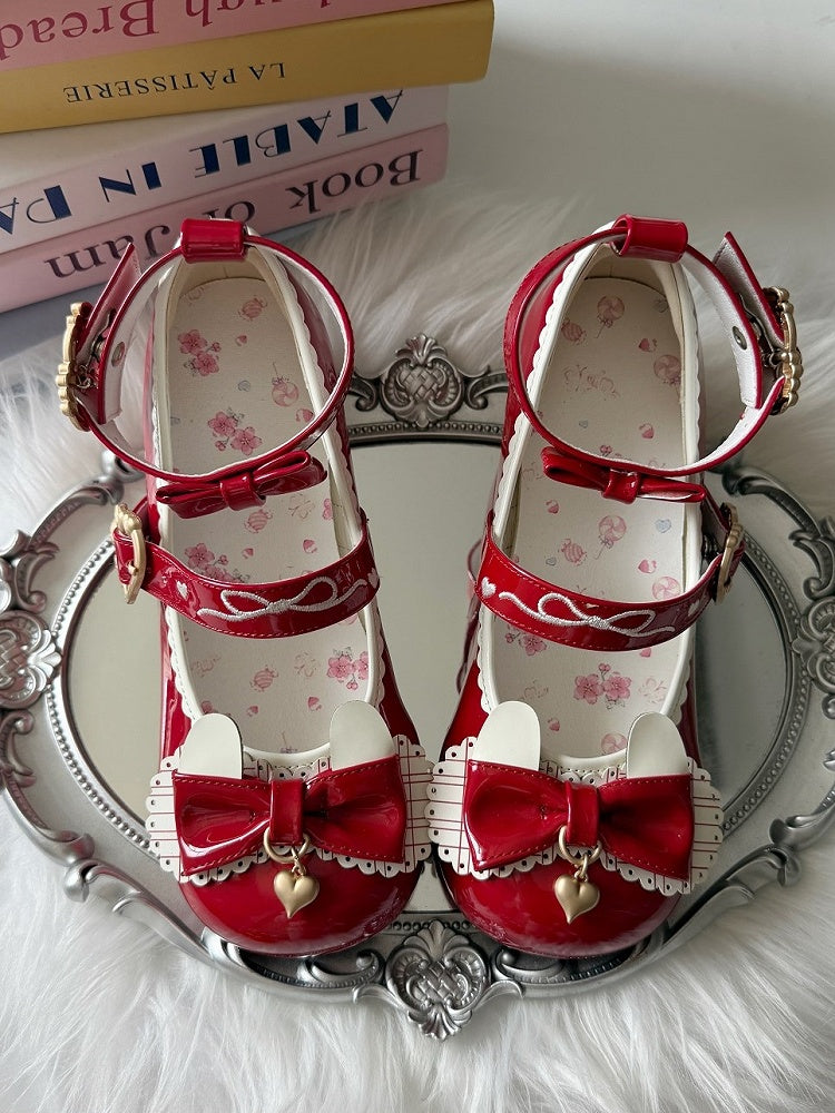 Bunny Embellishments Details Bow Lolita Red Shoes Mid-heel Sweet with Ear