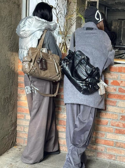 Bag Capacity Studded Tote With Strap AccentsLarge Black Buckle