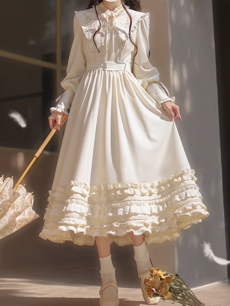 with Floral Cuffs Leg-of-Mutton Collar Vintage Sleeves Apricot Dress Lace-up Embroidery