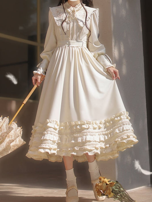 with Floral Cuffs Leg-of-Mutton Collar Vintage Sleeves Apricot Dress Lace-up Embroidery