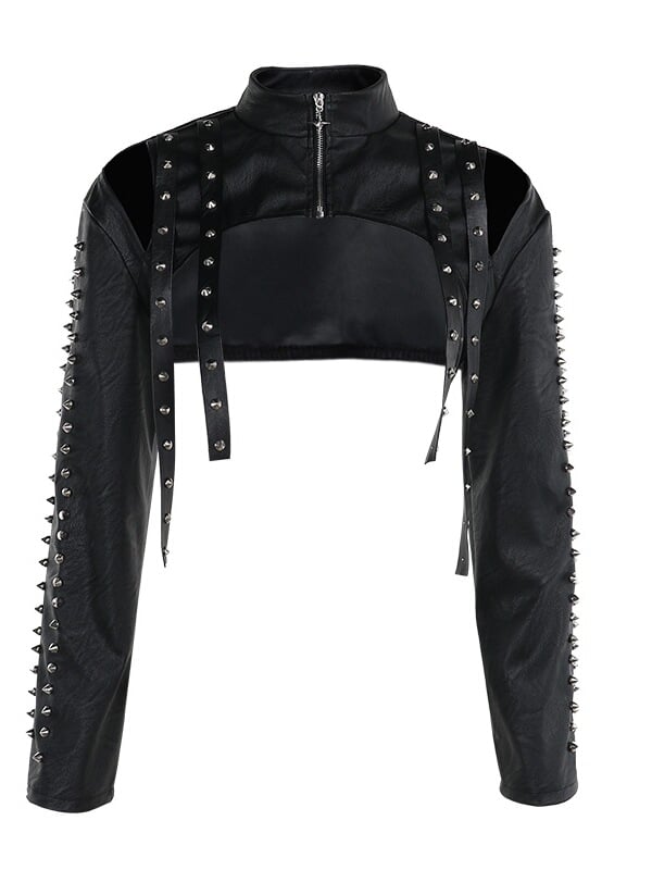 with Punk Halloween Crop Jacket PU Sleeves Shoulder Black Cutouts Studded