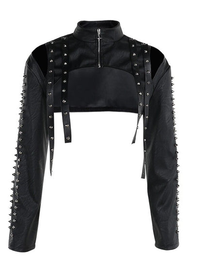 with Punk Halloween Crop Jacket PU Sleeves Shoulder Black Cutouts Studded