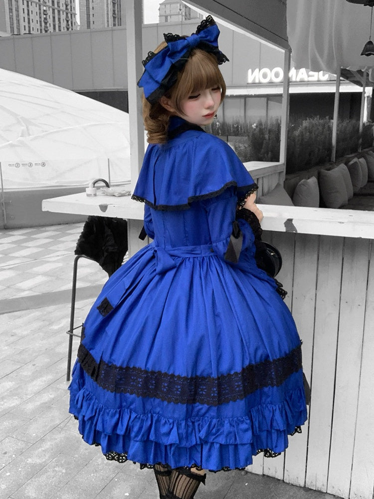 Gothic Lolita Bowknot A-line OP Dress in Black Dark Blue with Bell Sleeves Ruffle Doll Style - NnSTAR