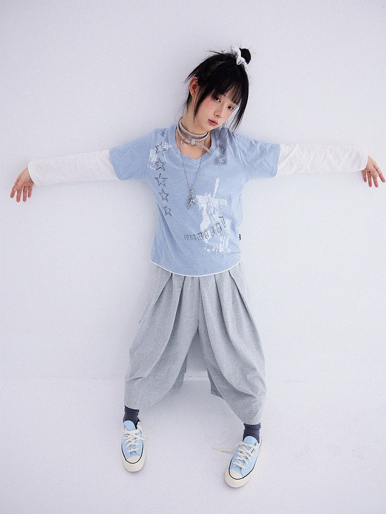 Dusty Blue Fake Two-Piece V-Neck Long Sleeve Tee with Print - innomoood