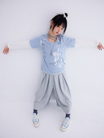 Dusty Blue Fake Two-Piece V-Neck Long Sleeve Tee with Print - innomoood