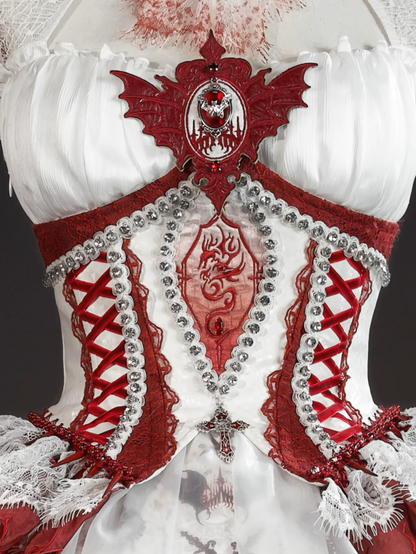Red & White Bone Dragon Embroidery Halter Neck Gothic Lolita Dress Set - Ying Luo Fu