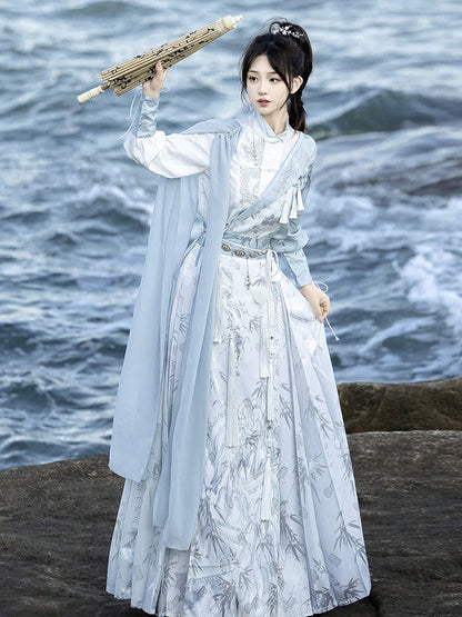 Hanfu Outfit Shirt & Mamian Skirt Set with Bamboo Dragon Print & Waist Chain - Han Ru Chu Hanfu &amp; Han-Element Studi