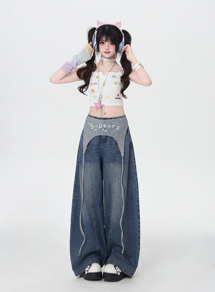 Blue Low Waist Wide-leg Jeans with Letter Embroidery