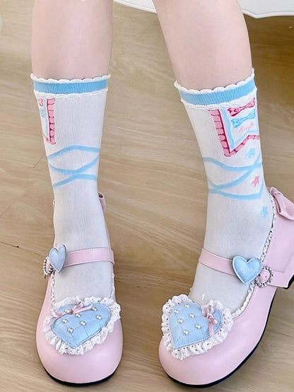 Socken mit Crisscorss-Print, Stern und Schleife, Blau/Rot, Lolita-Band, Kalbsleder