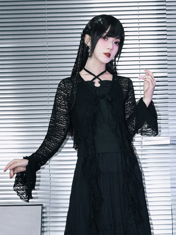 Black Hollow Lace Cardigan Asymmetrical Cut
